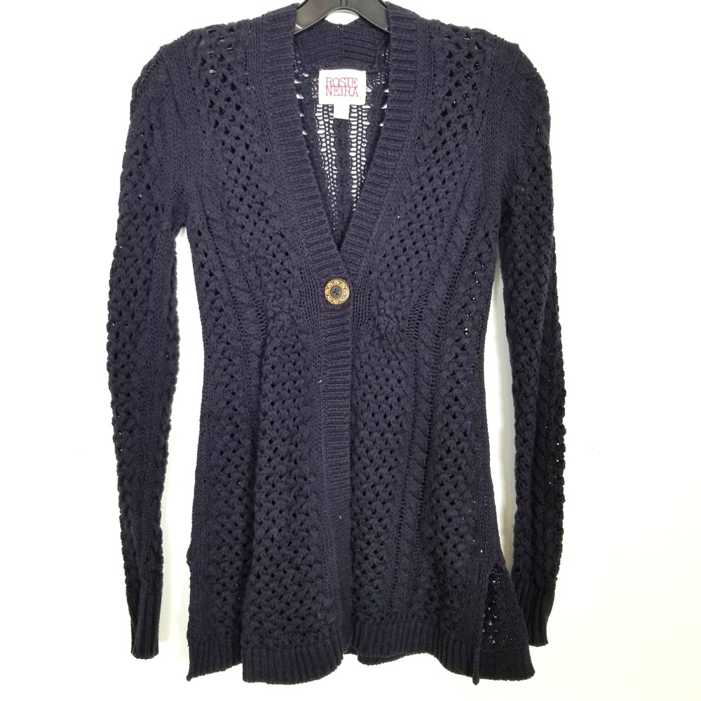 Rosie Neira Anthropologie Cotton Crochet Knit Cardigan Sz XS Navy Sweater Boho